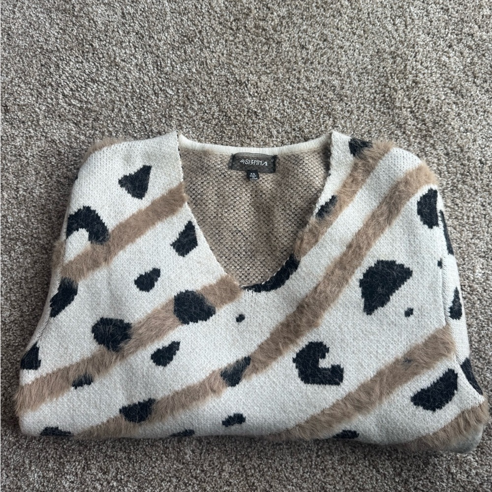 4SI3NNA Anthropology V-Neck Sweater - Leopard Print- Cream, Black, Tan